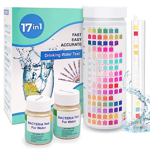 17 in 1 Water Testing Kits for Drinking Water 100 Strips+2 Bacteria Tests Home Water Quality Test Well and Tap Water Easy Testing for Hardness, pH, Mercury, Lead, Iron, Copper, Chlorine, Cyanuric Acid