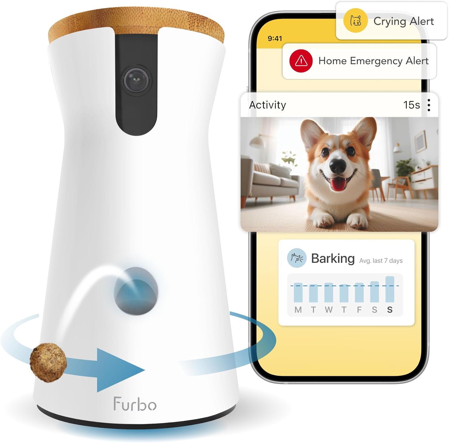 Furbo 360 Dog Camera - Unlock with Paid Plan: Home Security & Dog Safety Alerts, Rotating Pet Treat Dispenser w/ 2-Way Speaker, Smart Indoor Cam w/Phone App (3mo Minimum Subscription Required)