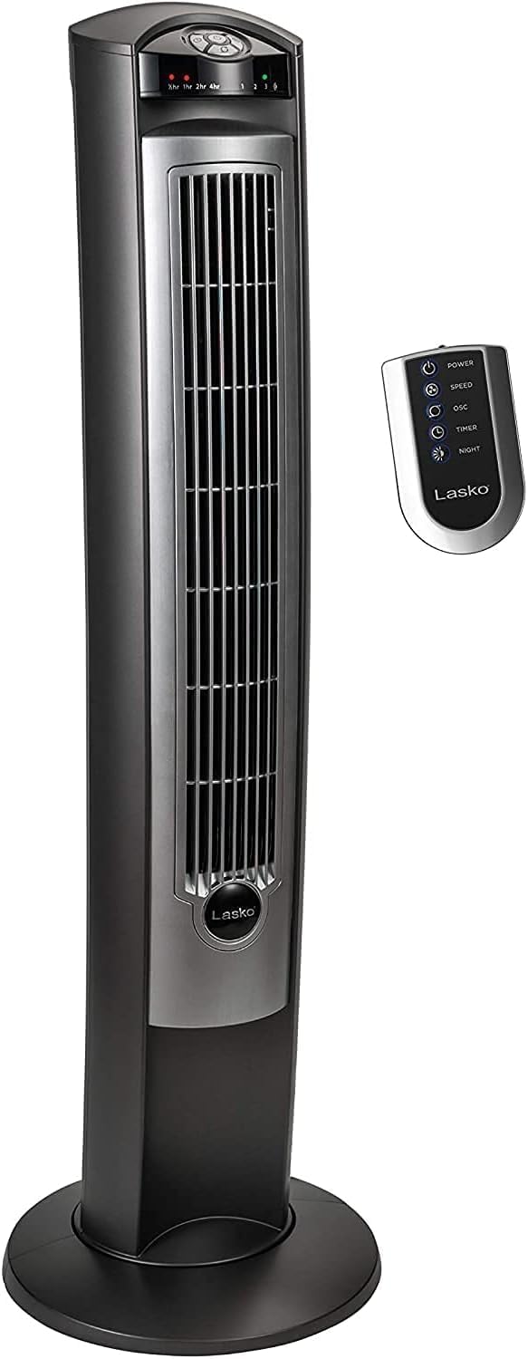 Lasko Oscillating Tower Fan with Remote, 42", Silver T42951