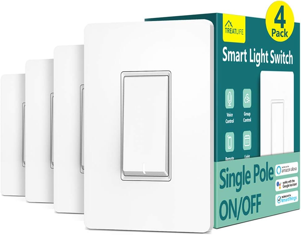 TREATLIFE Smart Light Switch Single Pole, Alexa, Google Home, SmartThings, 2.4GHz WiFi, Timer, Neutral Wire, No Hub, FCC, 4 Pack