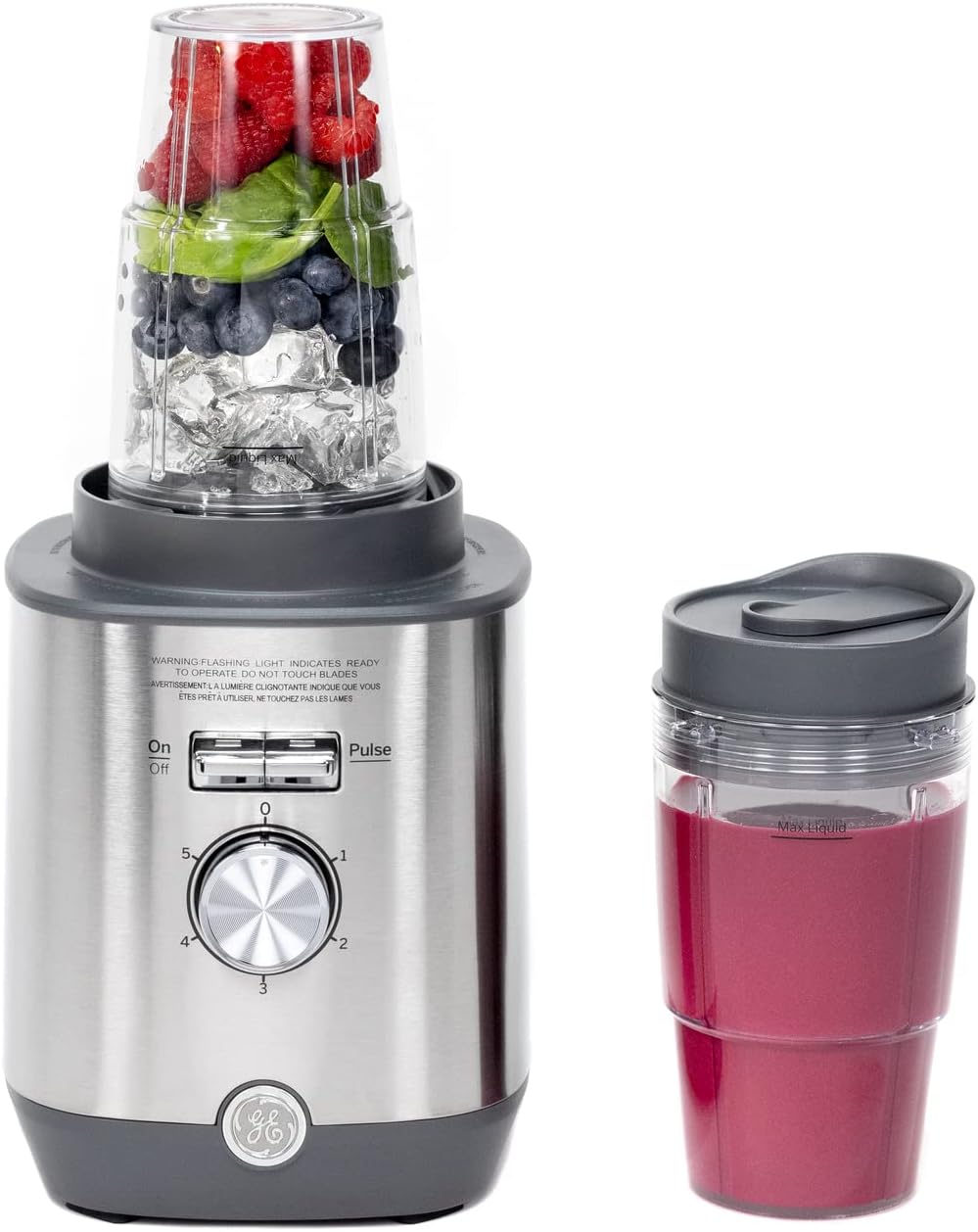 GE 5-Speed Blender + 2 16 Oz Cups | 64 Oz Jar | 1000W | Stainless Steel
