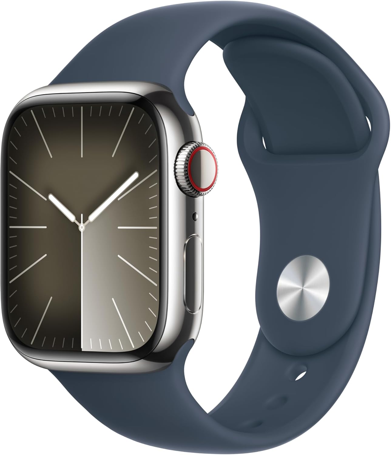 Apple Watch Series 9 [GPS + Cellular 41mm] Silver Stainless Steel, Storm Blue Sport Band