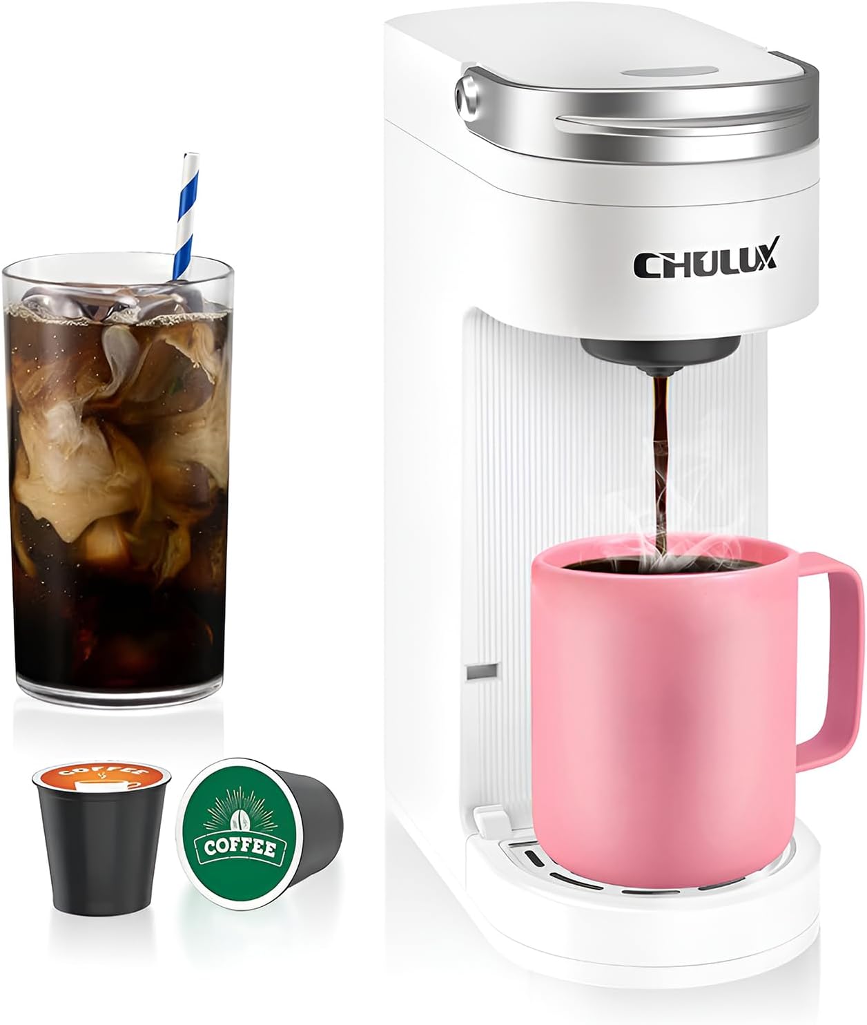 CHULUX Slim Single Serve Coffee Maker for K Cup Pods, White