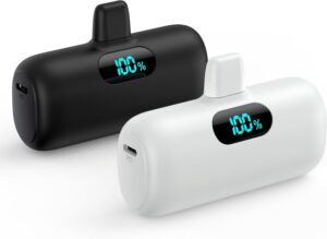 [2 Pack] Mini 5000mAh PD Power Bank, 15W Fast Charging, LCD Display, iPhone 14/13/12/XR/8/7/6-Black+White