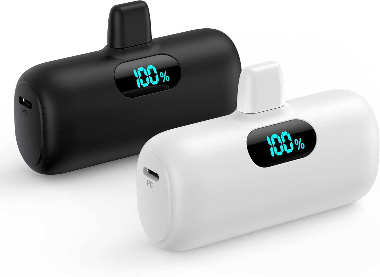 [2 Pack] Mini 5000mAh PD Power Bank, 15W Fast Charging, LCD Display, iPhone 14/13/12/XR/8/7/6-Black+White