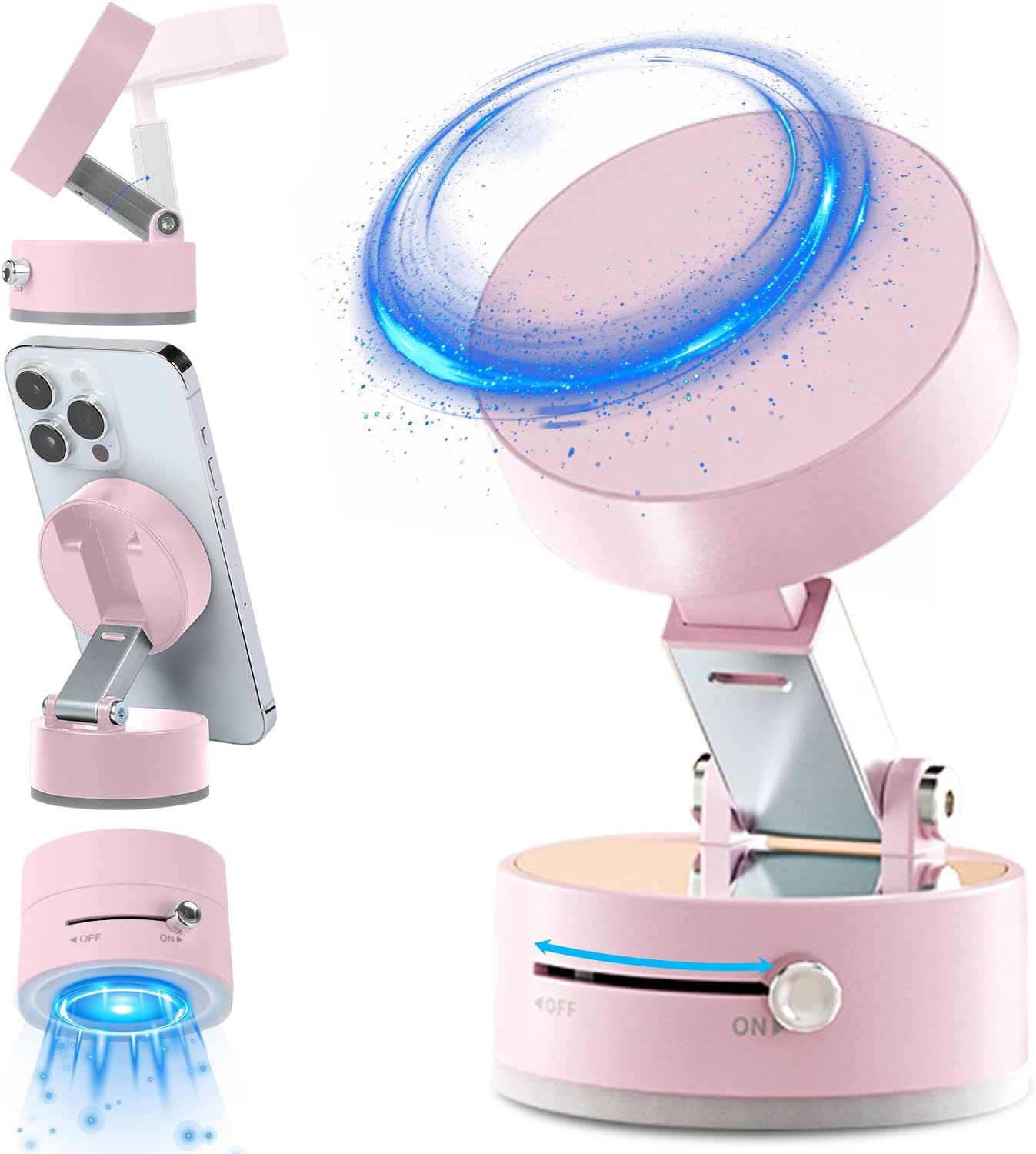 Vacuum Magnetic Suction Phone Holder, 2025 New Foldable Retractable 360 Rotation Car Mirror Mount (Pink)