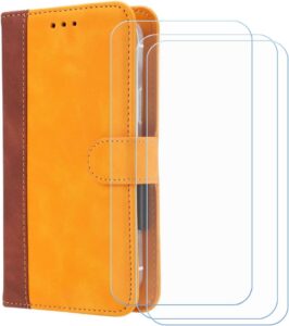 Lava Bold 5G Case + 3 HD Film Protector, Tempered Glass Wallet Cover (6.67") - Yellow-XHDFG