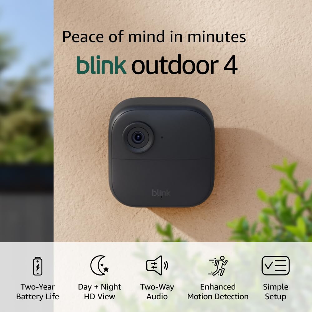 Blink Outdoor 4 (newest model), Wire-free HD smart security camera, two-year battery life, enhanced motion detection, Works with Alexa Add-on camera (Sync Module required)