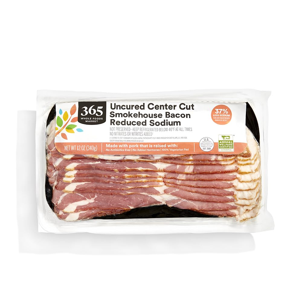 Here’s the rewritten text:  
Whole Foods Market, Center Cut Smokehouse Uncured Bacon, Reduced Sodium, 12 oz  
Let me know if you'd like any adjustments!