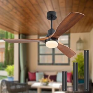 Sofucor 52 Inch Solid Wood Ceiling Fan with Lights & Remote, Low Profile Brown Black