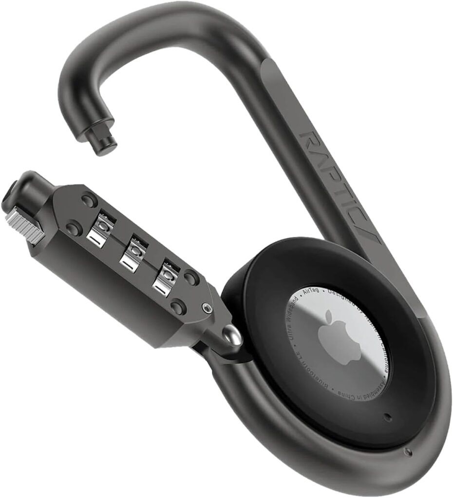 RAPTIC Upgraded Link & Lock for Apple AirTags, Anti-Theft, Heavy Duty Combination Lock Carabiner, Secure Polycarbonate Housing for Air Tags, 3-Digit Combination Lock, 4 Length Carabiner