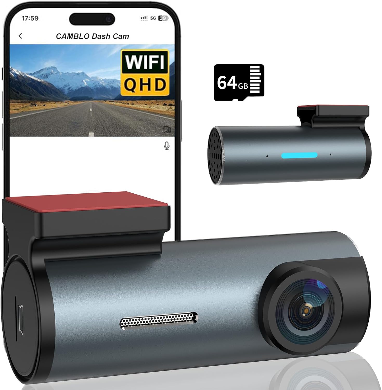 Dash Cam Front FHD 1080P, Mini Dash Camera, 64GB Card, Car Dash Cam, Built-in WiFi, Night Vision, Loop Recording, 150° Wide Angle, 360° Rotation