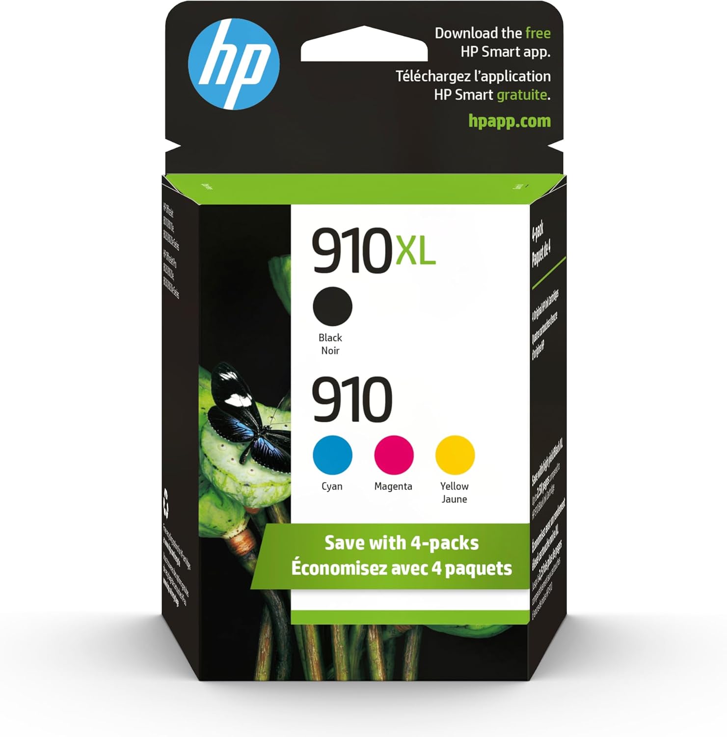 HP 910 Cyan, Magenta, Yellow / 910XL Black Ink Cartridges (4-Pack) | Works with OfficeJet 8010, 8020, Pro 8020, 8030 | 3JB41AN