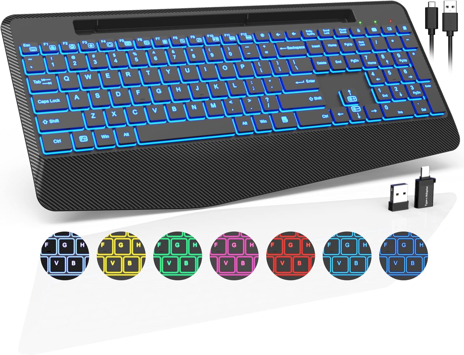 Wireless Keyboard with Backlit, Wrist Rest, Phone Holder, Rechargeable