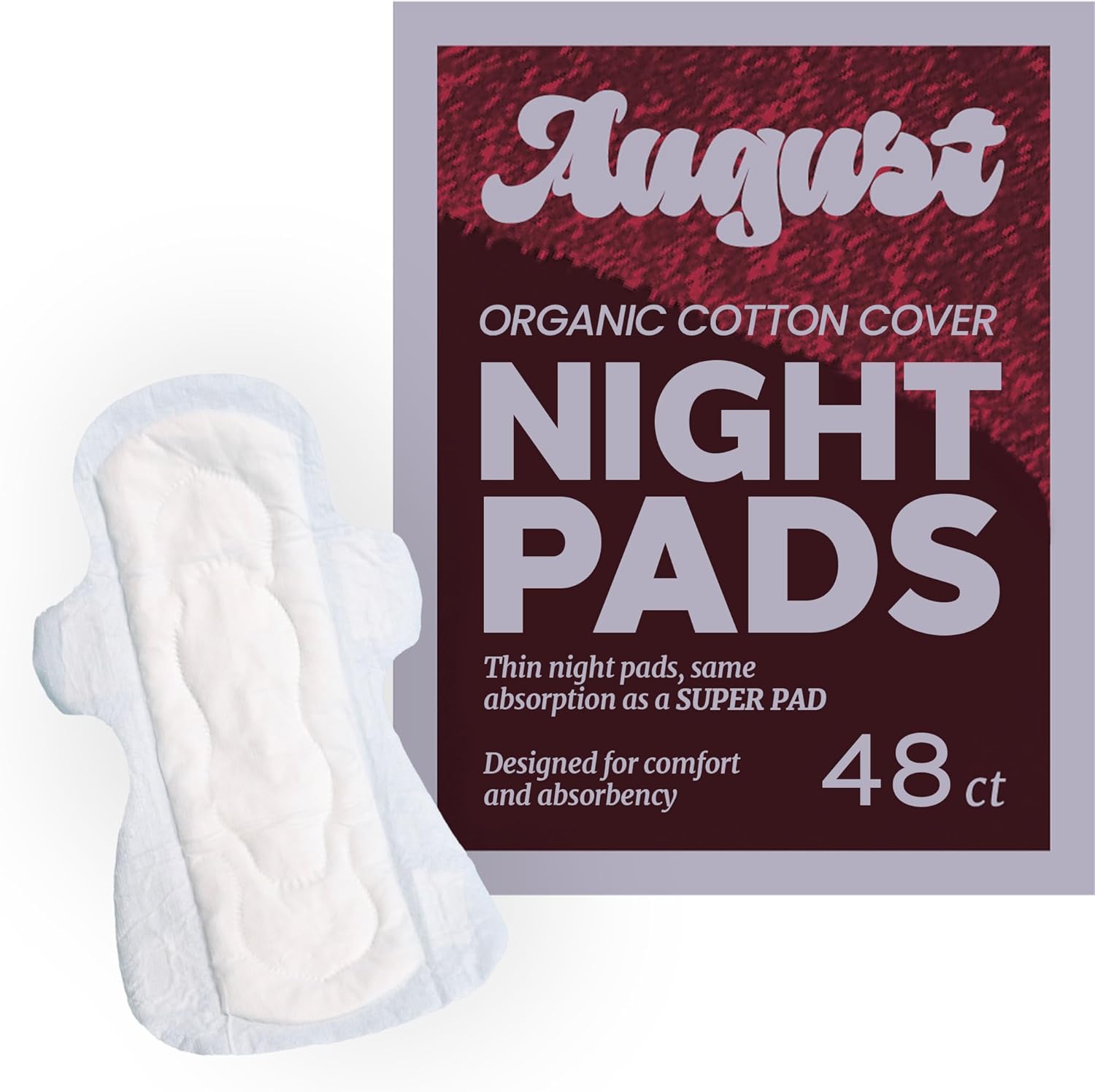 August Menstrual Organic Cover Pads for Women and Anyone Who Menstruates, Super Absorbency, 48 Organic Cotton Super Pads, Compostable Wrappers, Fragrance Free, Organic Pads with Wings