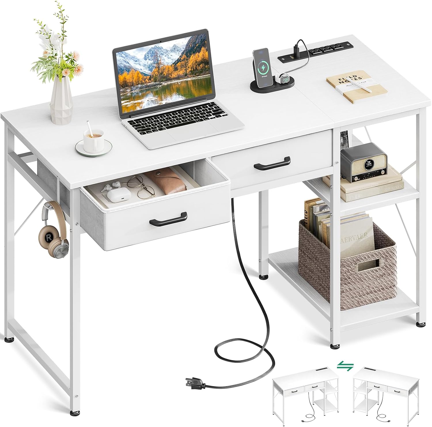 Coleshome Laptop Desk, 40 Inch Small Computer Desk With Drawers & Power Outlet