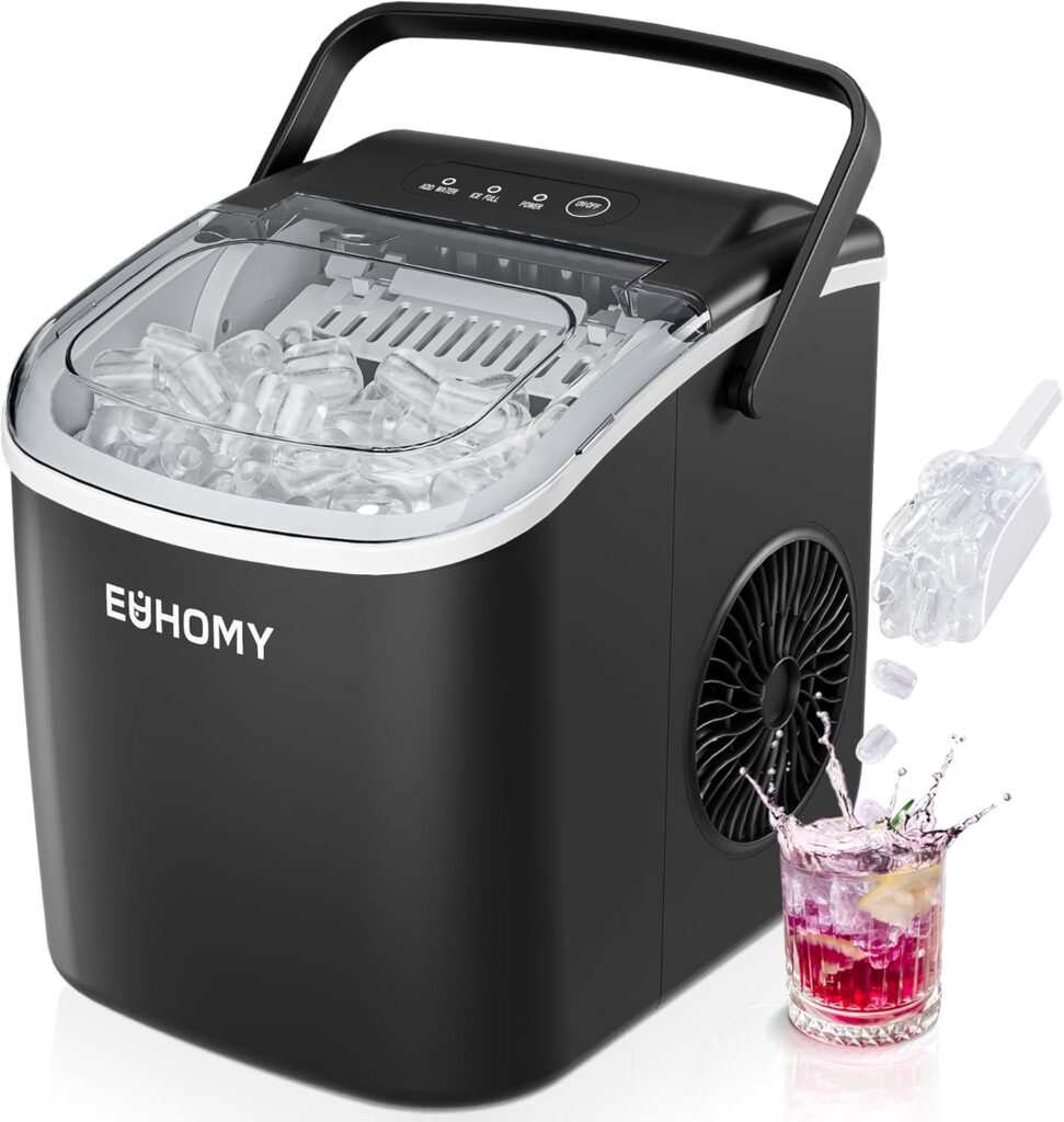 EUHOMY Countertop Ice Maker, 26lbs/24Hrs, 9 Cubes in 6 Mins, Auto-Clean, Portable w/Basket & Scoop - Black