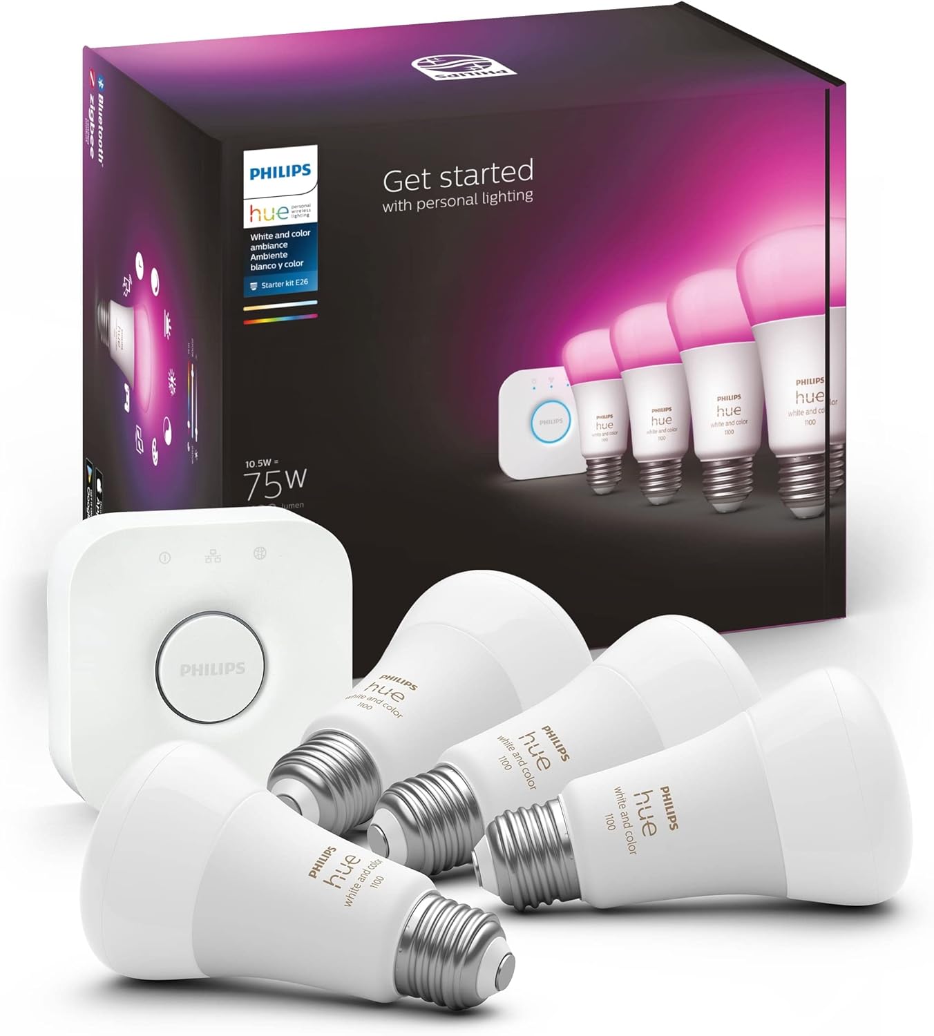 Philips Hue Smart Light Starter Kit - 1 Bridge & 4 A19 E26 LED Bulbs - Works with Alexa, Google, HomeKit