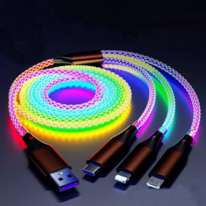 2 Packs 66W 3-in-1 LED Charging Cable, RGB Flowing Light Fast Charging Cord for Phone, Samsung, Huawei, Android, Sony (4FT)