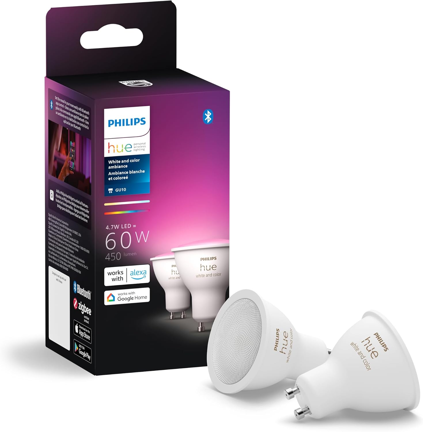 Philips Hue Smart GU10 LED Bulb - White & Color Ambiance - 2 Pack