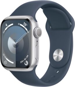 Apple Watch Series 9 [GPS 41mm] Silver Aluminum, Storm Blue Sport Band S/M