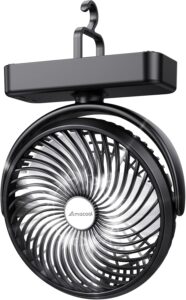 7 inch USB Camping Fan with 10000mAh Battery, LED Light & Hanging Hook for Tent, Car, RV, Hurricane, Emergency Outage