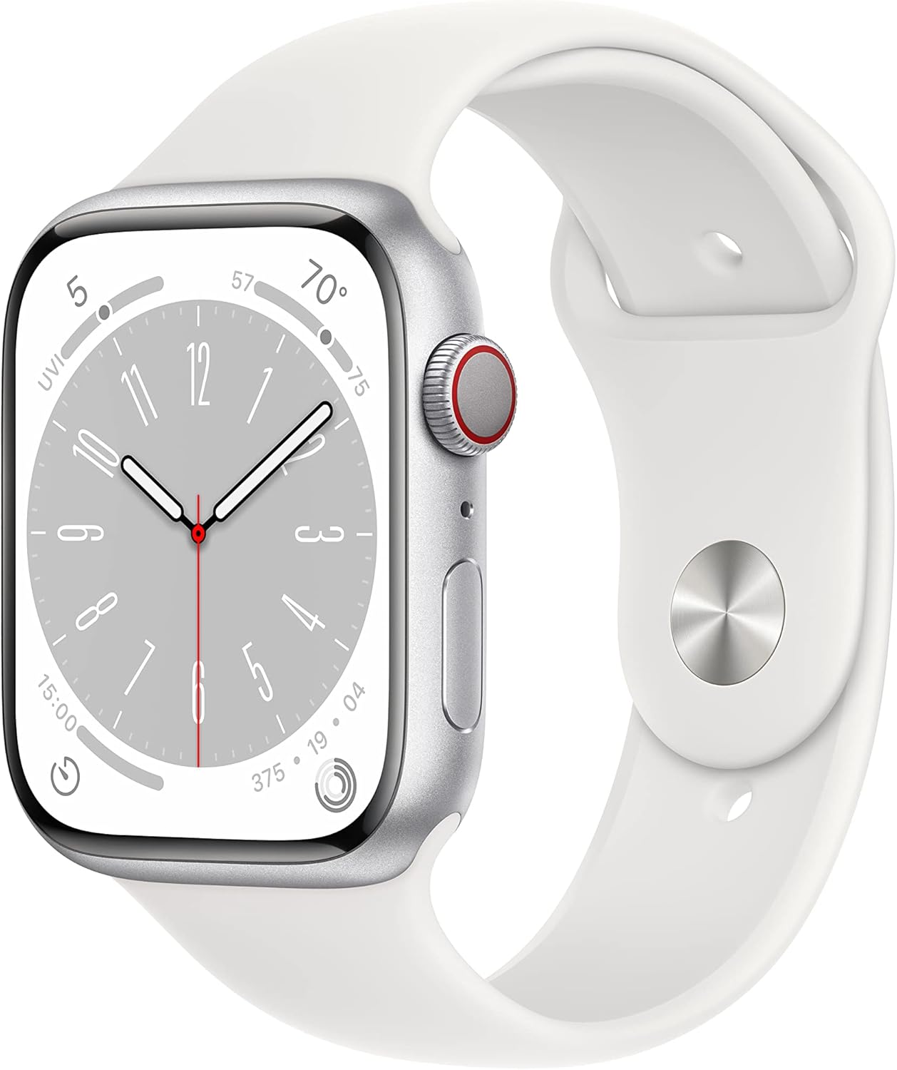 Apple Watch Series 8 [GPS + Cellular] 45mm Silver Aluminum White Sport Band (Renewed)