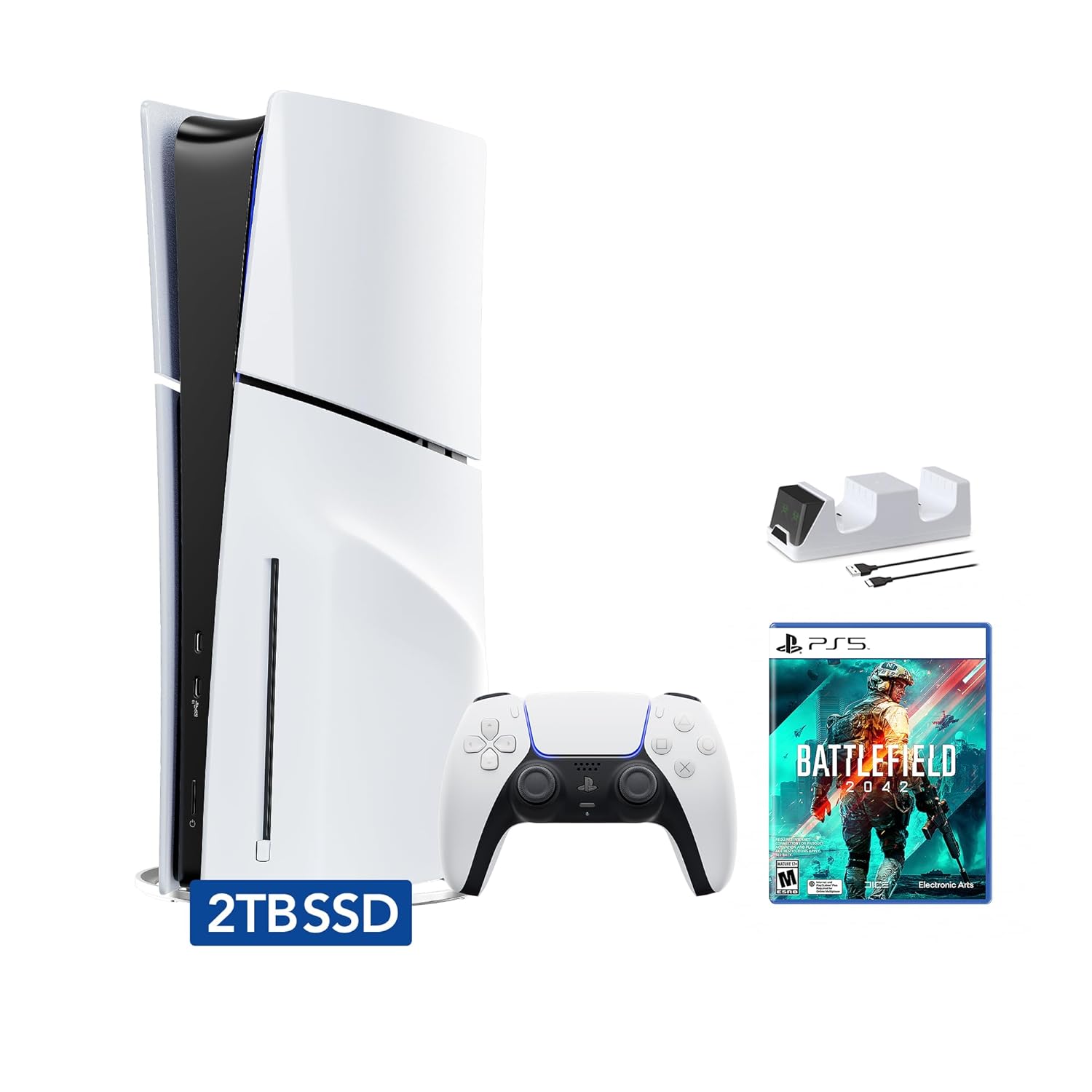 PlayStation 5 Slim Disc 2TB SSD Bundle w/ Battlefield 2042 & C-Gamers Dual Charger - White