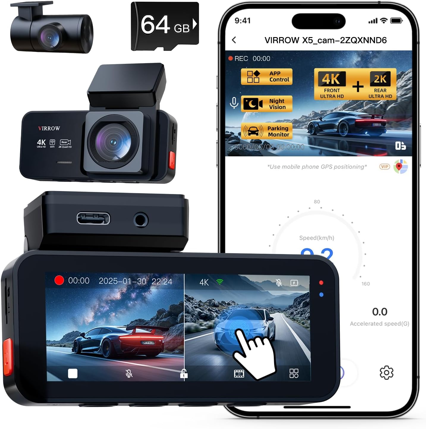 SEO 60 Chr X5 Dash Cam Front Rear 4K+2K, 170+165° Wide, Free 64GB, Night Vision, Wi-Fi, 24H Parking, 3.39" IPS Touch, Car Dash Cam