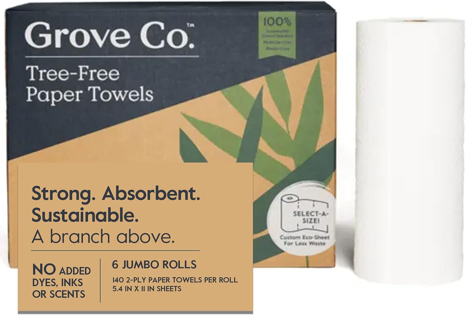 Grove Co. Bamboo Paper Towels, Tree-Free, Sustainable, 140 Sheets, 6 Rolls
