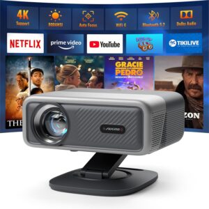[Netflix Officially&AI Auto Focus]AuKing Smart Projector Wifi Bluetooth 4K 3D Dolby Audio 1200ANSI Outdoor Omnidirectional Stand Grey
