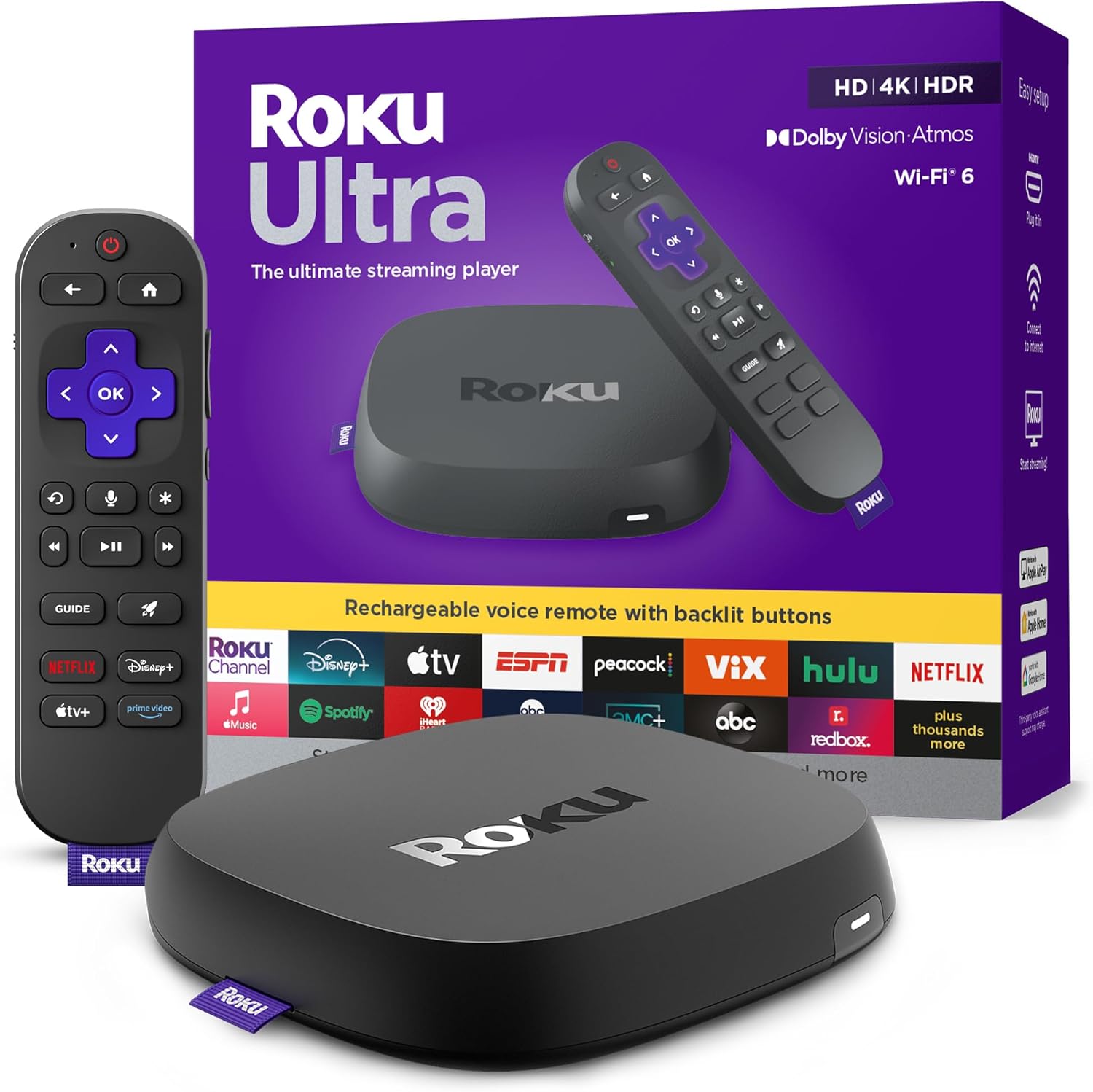Roku Ultra 2024 - 4K Streaming Device with HDR10+, Dolby Vision & Atmos, Wi-Fi 6, Bluetooth, Voice Remote Pro