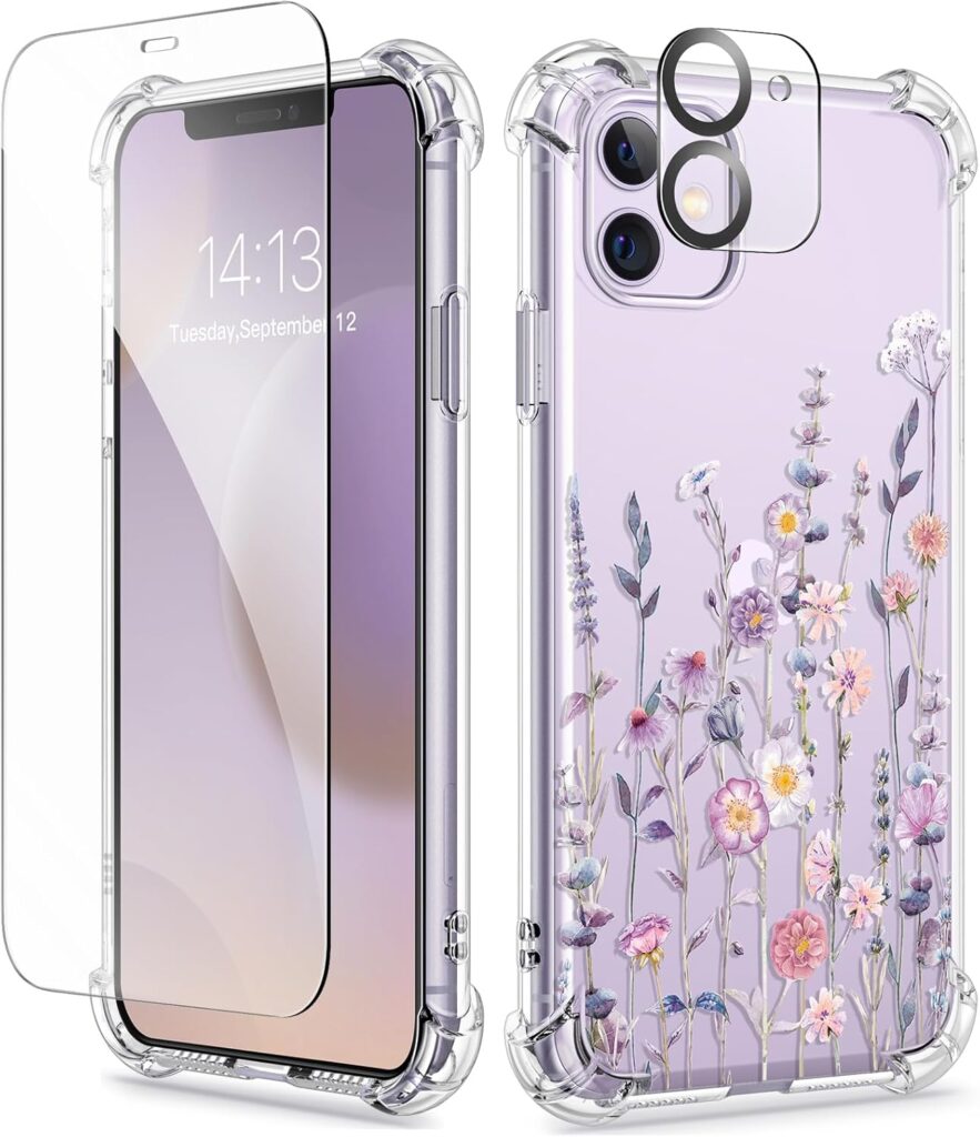 GVIEWIN iPhone 11 Case with Screen & Lens Protector, Clear TPU Flower Pattern (Floratopia)