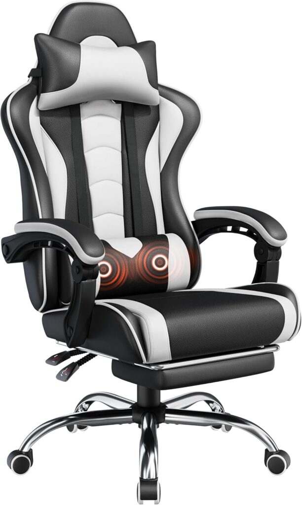 Yaheetech Gaming Chair, Video Game Chair Massage Lumbar Support Footrest Adjustable Ergonomic Computer Chair Swivel Headrest Black/White