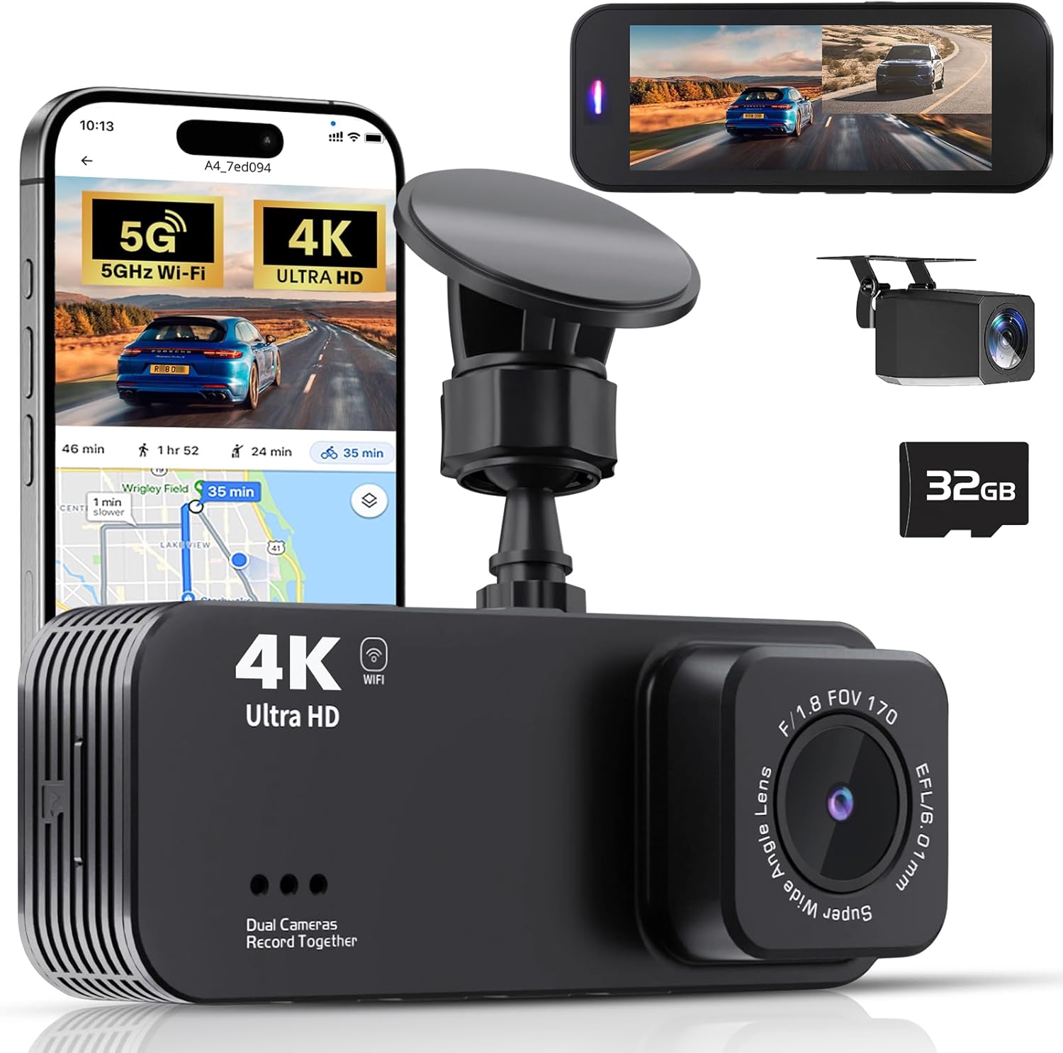 4K+1080P Dual Dash Cam Front and Rear, 5G WiFi, 32GB Card, Night Vision, G-Sensor, 24H Parking Mode