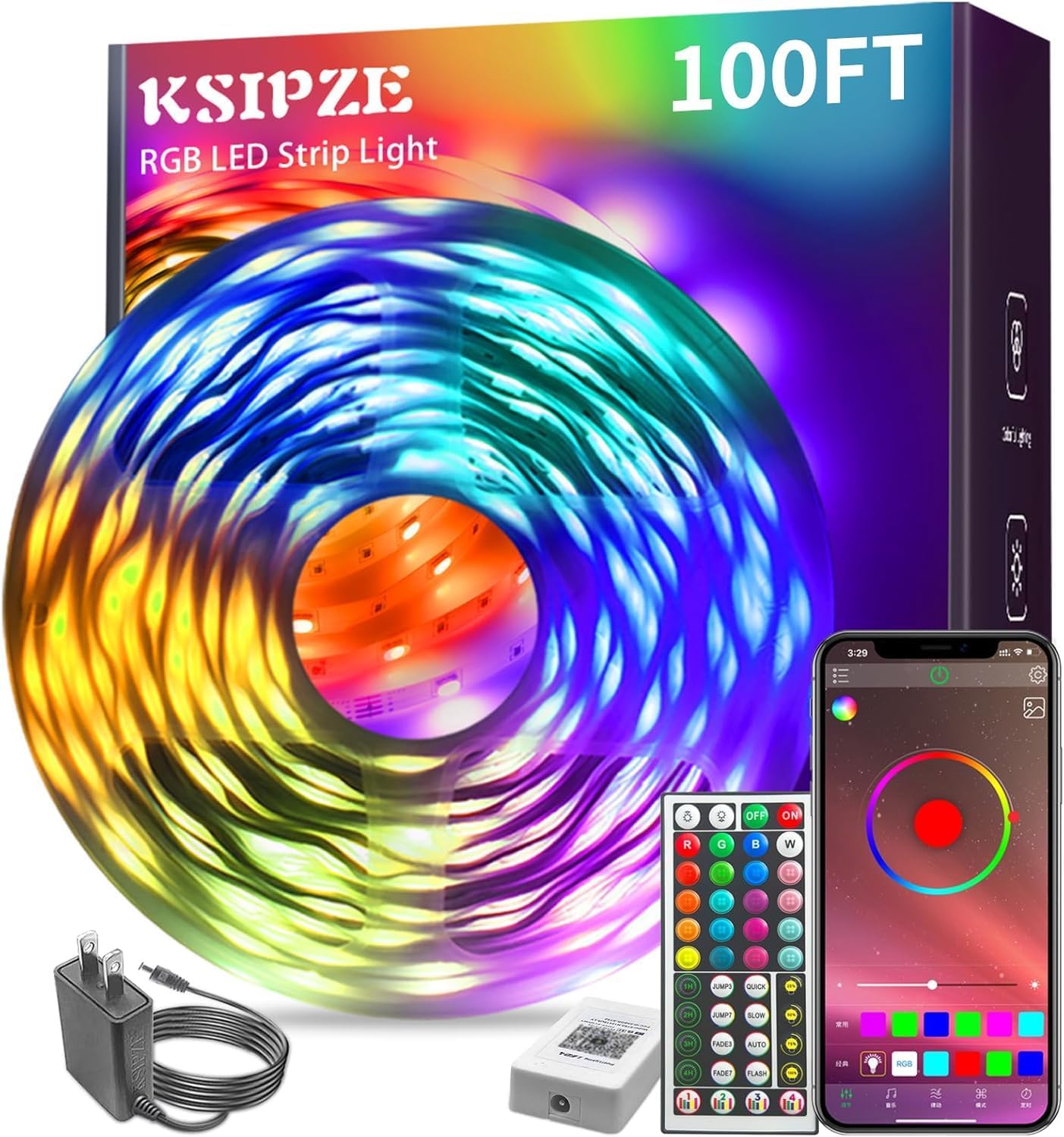 KSIPZE 100ft LED Strip Lights RGB Music Sync, Bluetooth, Smart App Control