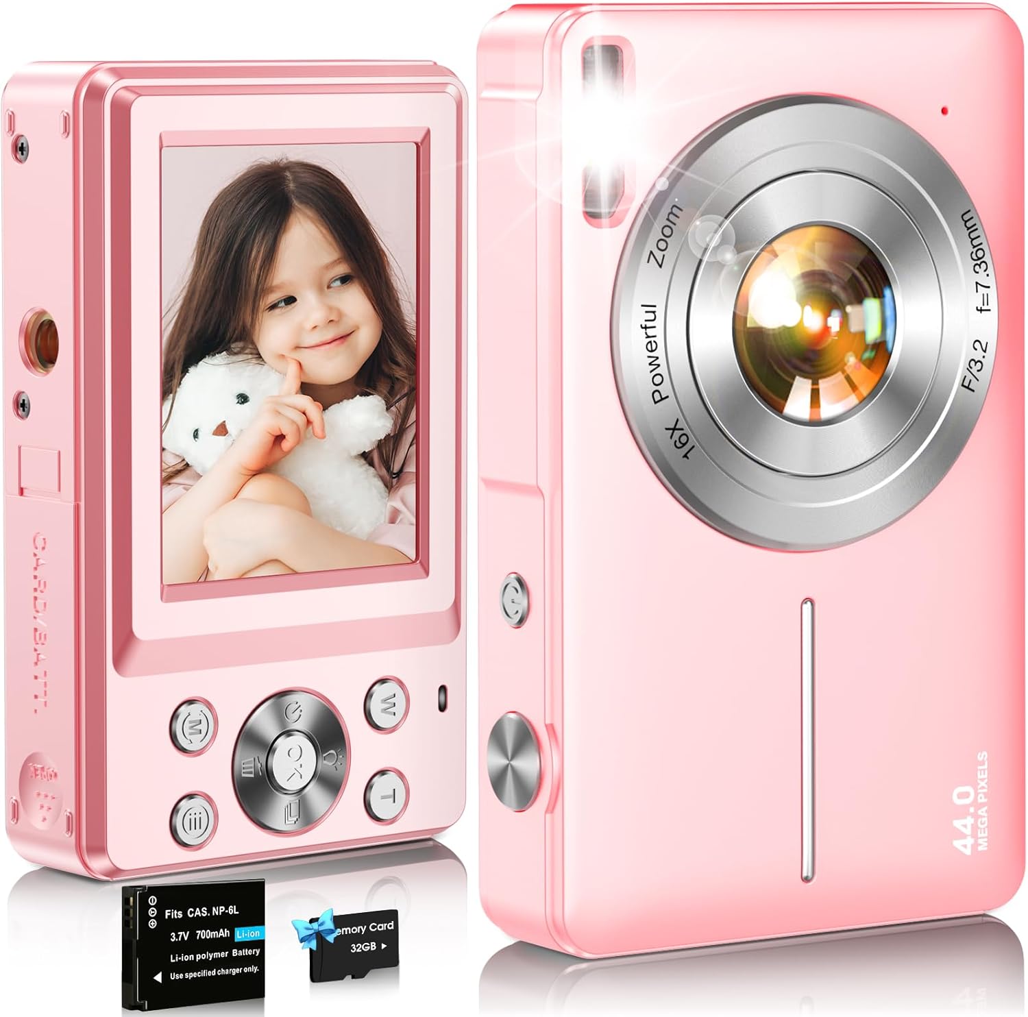 Digital Camera, FHD 1080P Kids Camera 44MP, 32GB Card, 16X Zoom, Anti-Shake, Pink