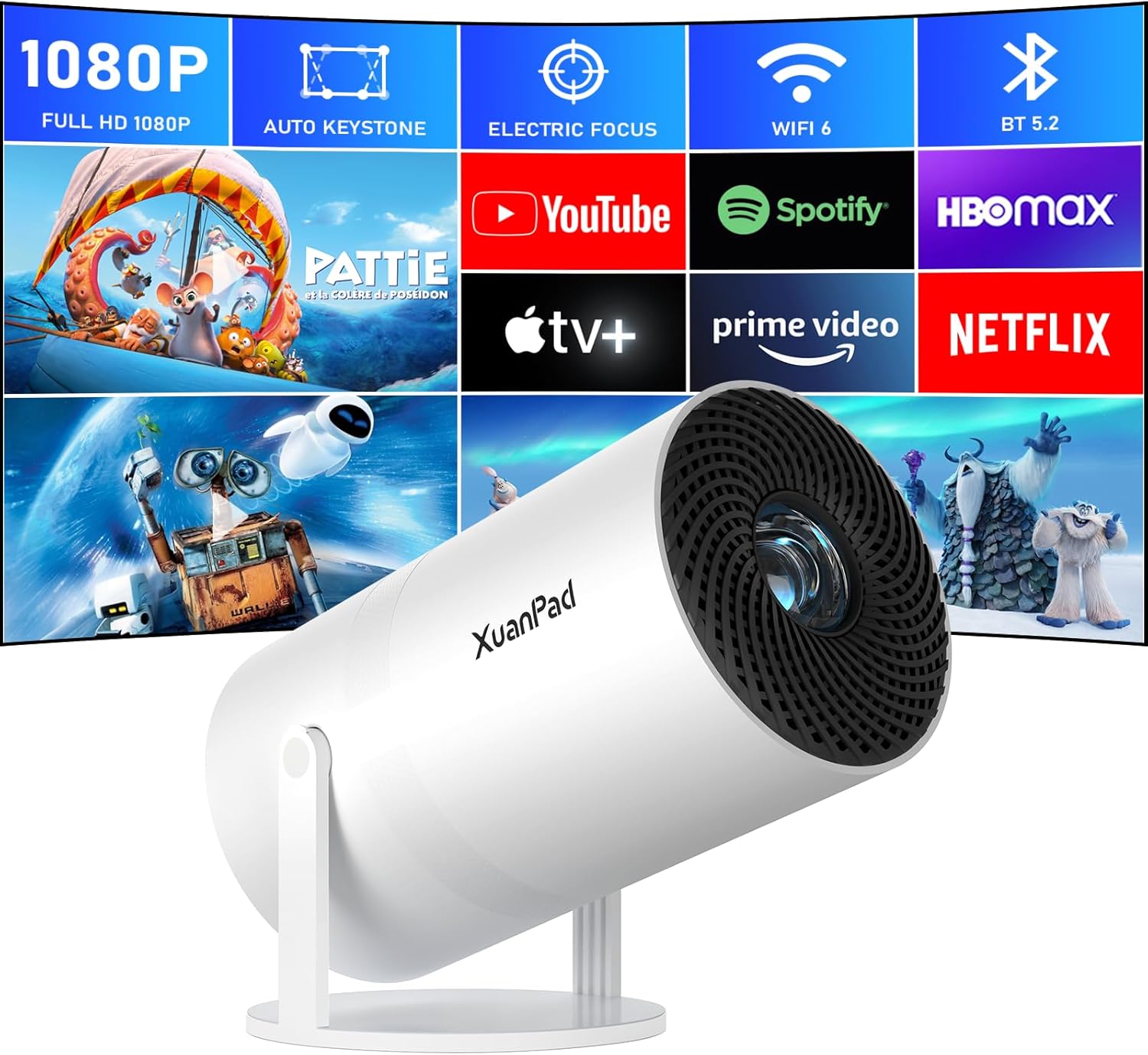 [Netflix & Electric Focus Projector: WiFi, Bluetooth, 1080P, Rotatable Stand]
