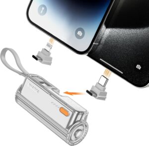 Flow Mini Portable Charger, 5000mAh Power Bank, Changeable Plugs, Built-in Cable, Dual USB-C, iPhone 16/15/14/13, Galaxy S24/23 Ultra