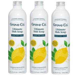 Grove Co. Dish Soap Refills (3x16oz) – 48-hr Grease Removal, Plastic-Free, Natural Lemon & Eucalyptus Scent