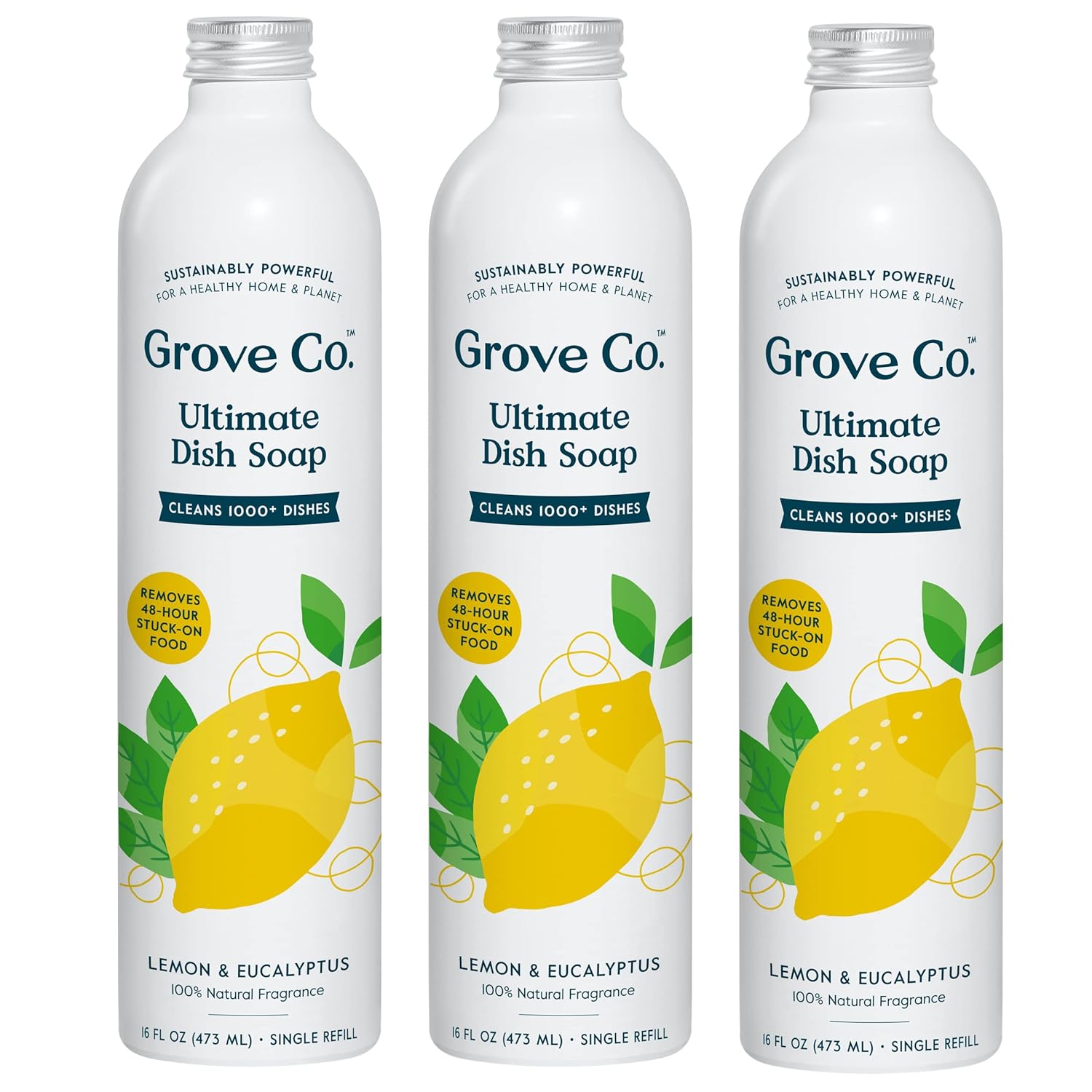 Grove Co. Dish Soap Refills (3x16oz) – 48-hr Grease Removal, Plastic-Free, Natural Lemon & Eucalyptus Scent