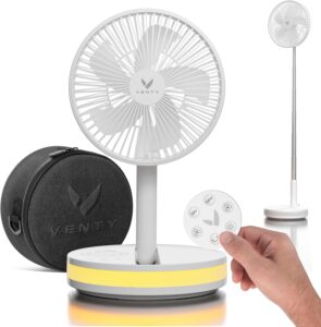 VENTY Portable Fan - Wireless, 4 Speeds, LED Light, Remote, USB-C (White)