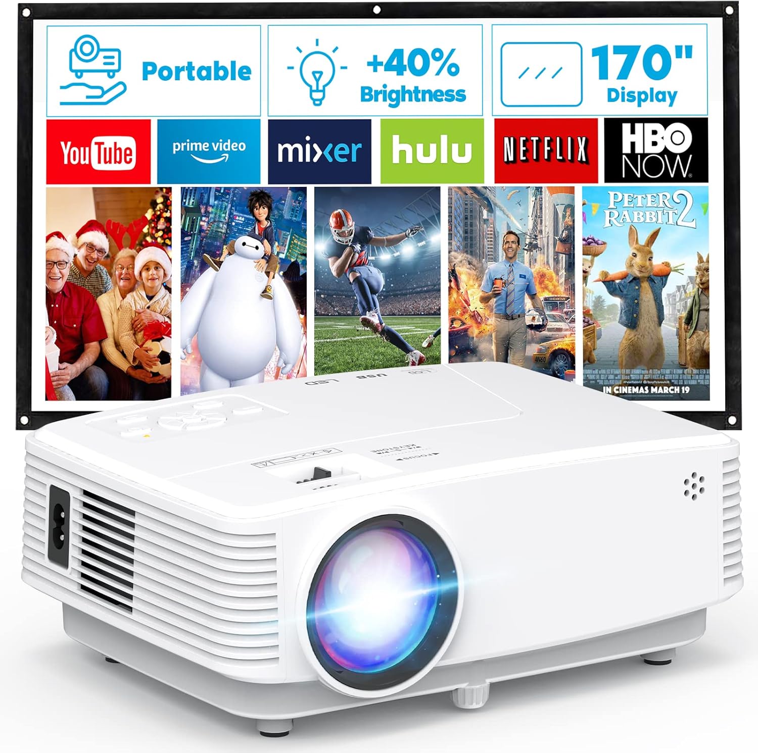 Mini Projector, HD Portable Projector 1080P, Compatible with Smartphone Tablet TV Stick Laptop HDMI USB AV, White