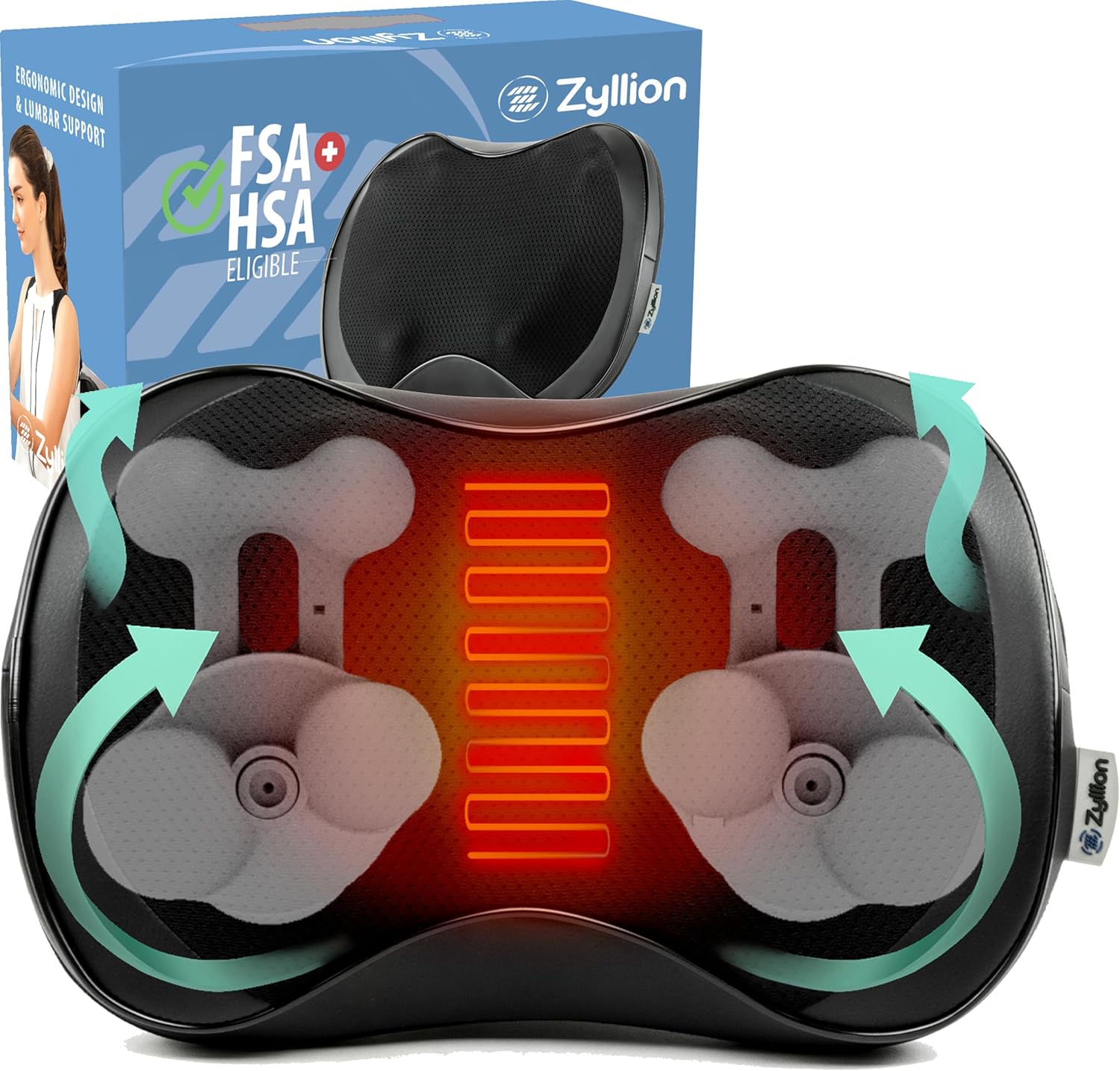 Zyllion Shiatsu Back and Neck Massager with Heat (FSA HSA Eligible) 3D Kneading 8-Node Deep Tissue Electric Massage Pillow for Chair, Car, Muscle Pain Relief on Shoulders, Legs, Foot (ZMA-25)