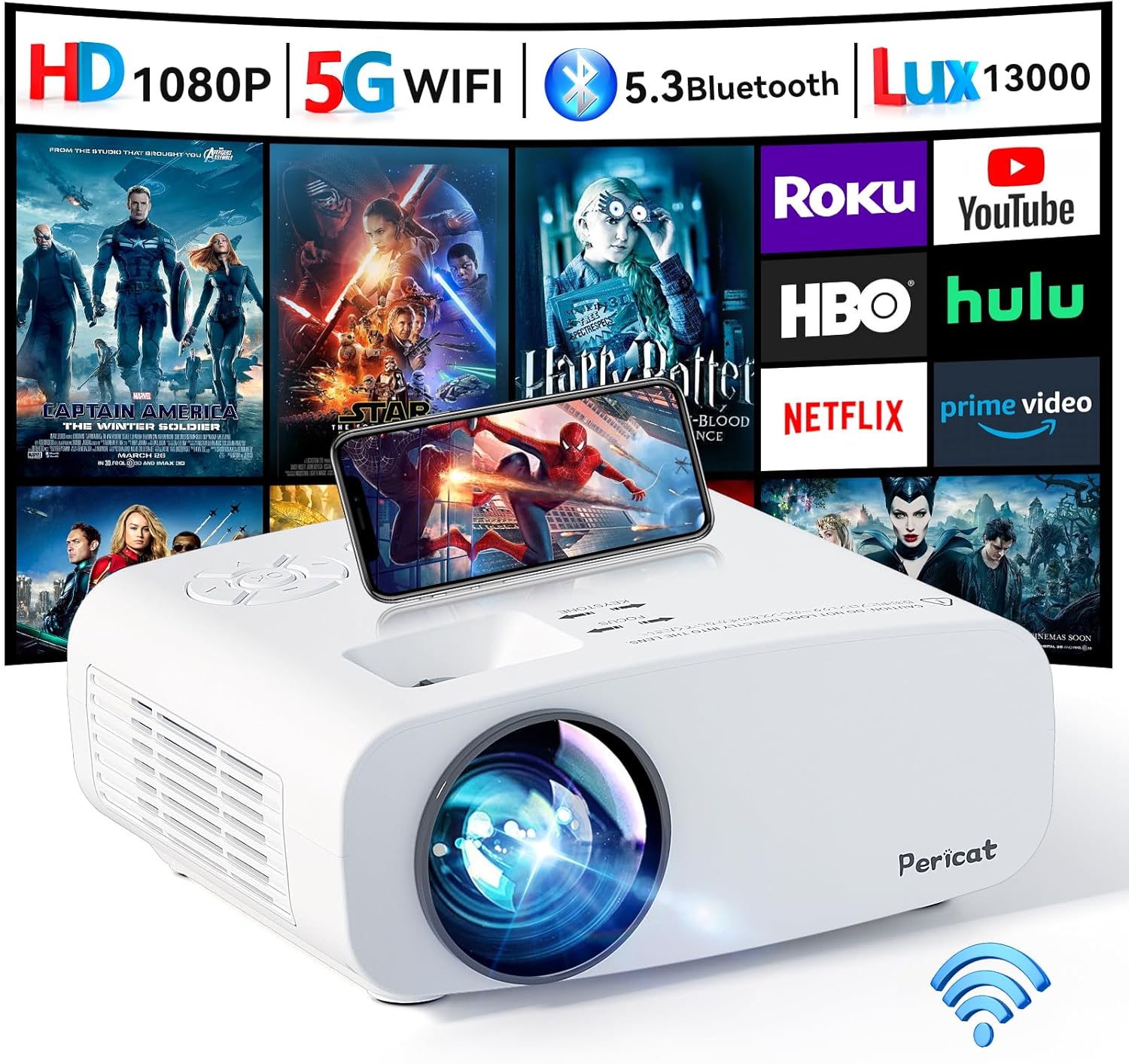 Projector WiFi Bluetooth, Pericat 13000L 4K 1080P, Portable Outdoor Home Theater, Mini Projector PC HDMI USB TV Stick PS5