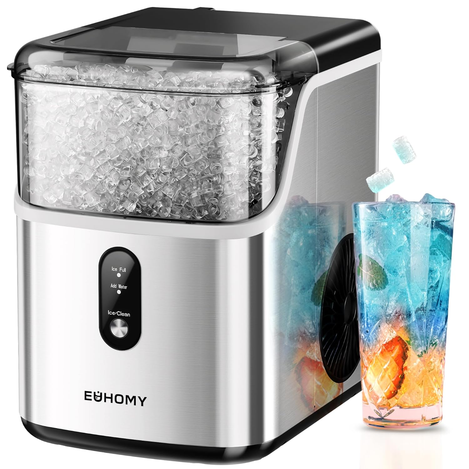 EUHOMY Nugget Ice Maker Countertop, 35lbs/24H, Self-Cleaning, Stainless Steel