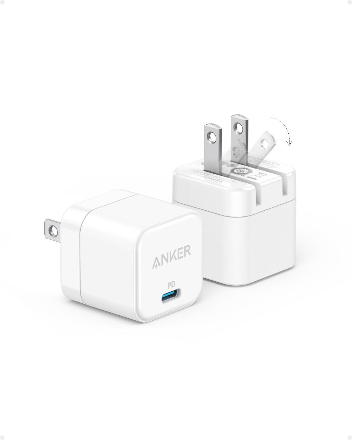 Anker USB C Charger, 20W Foldable Plug for iPhone 16/15, Galaxy, Pixel, iPad (2 Pack)