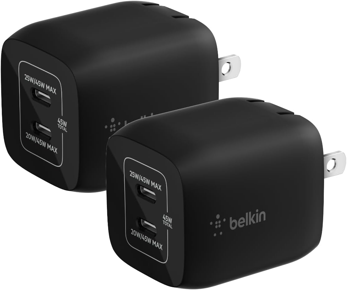 Belkin 45W Dual USB-C GaN Wall Charger for iPhone 16, 15, 14, iPad, MacBook, Galaxy S25, Switch 2 - Black (2-Pack)