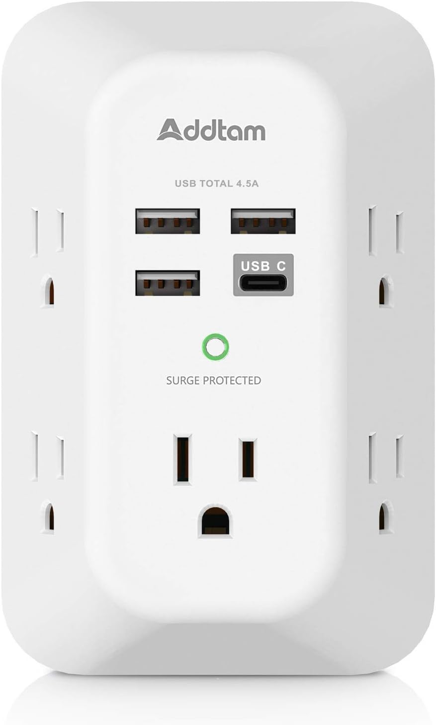 Addtam USB Wall Charger Surge Protector 5 Outlet Extender 4 USB Ports 1 USB C