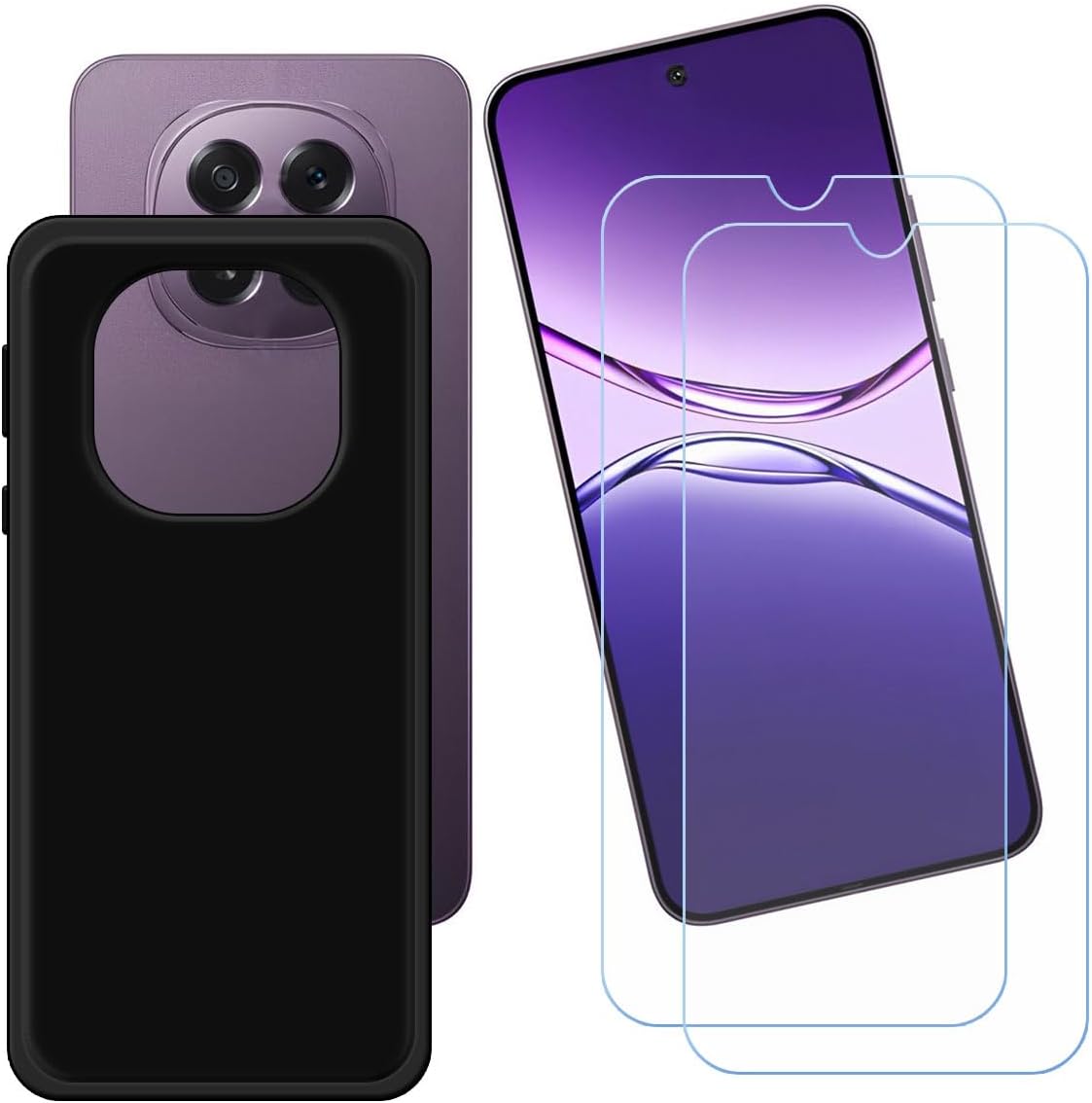 Black Cover for Oppo A5 2025 + [2 Pack] HD Tempered Glass, Silicone Case